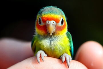 Charming close-up of a vibrant baby parrot with bright green, yellow, orange, and blue feathers. The fluffy chick with curious eyes sits gently in a person's hands.