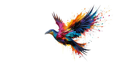 Obraz premium A vibrant bird with colorful feathers soars across a clean white background in a dynamic, artistic rendering, suitable for any creative endeavor.
