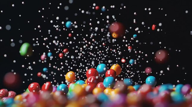 A dynamic Mentos splash bursts energetically, scattering colorful candies in all directions against a black background. The vibrant motion captures playful energy and lively, chaotic candy explosion.