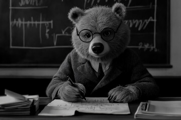 A black and white photograph of an anthropomorphic bear wearing glasses and a lab coat,