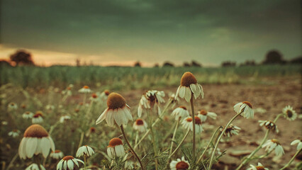 Serene Sunset Field: Wilting Daisies, Rustic Tones, Melancholy Mood, Soft Focus, Summer Evening.