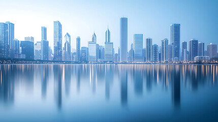 Obraz premium A city skyline is reflected in a body of water