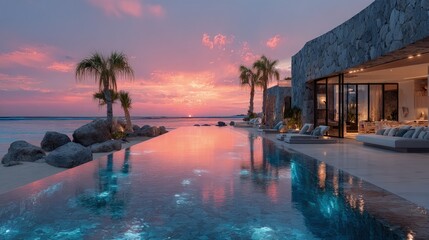 Luxury beachfront real estate at sunset modern villas with infinity pools palm trees swaying and golden light reflecting off the ocean