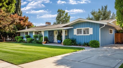 Fototapeta premium Real estate Affordable mid-century ranch style house classic curb appeal maintained updated kitchen bathrooms added recently