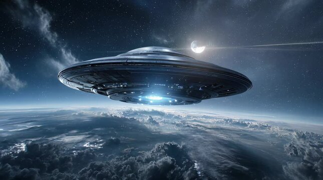 Alien spaceship ufo hovering over Planet Earth - Powered by Adobe