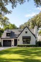 Discover a charming modern cottage nestled in a tranquil neighborhood, embraced by lush trees and vibrant greenery, all basking in the glow of a sunny day