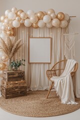 Boho Chic Interior Event Setup with Soft Pastels, Wicker Chair, and Elegant Backdrop Styling

