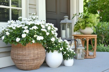 Fototapeta premium Beautiful white flowers in woven baskets and ceramic pots decorate a charming porch surrounded by lush greenery on a sunny day
