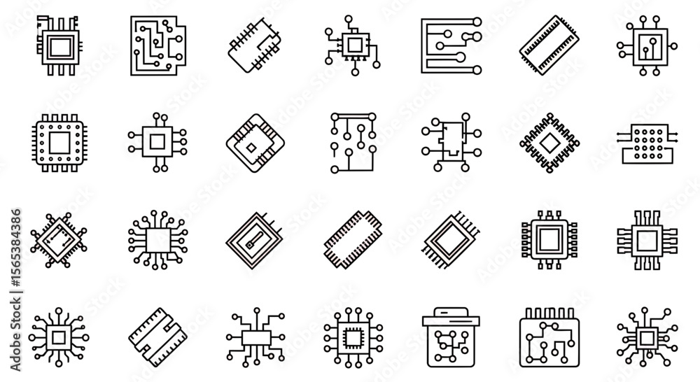 Poster monochrome outline digital component circuit board processor vector icon set for technology hardware