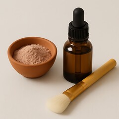 Natural clay powder, amber dropper bottle, and makeup brush, organic skincare and beauty product composition, clean cosmetics, and wellness routine