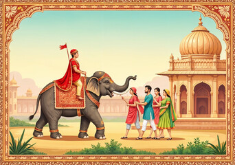 Royal Mughal Wedding Vector &ndash; Elephant Procession with Emperor and Ornate Border, Traditional Heritage Illustration for Invitation and Festive Celebration Design