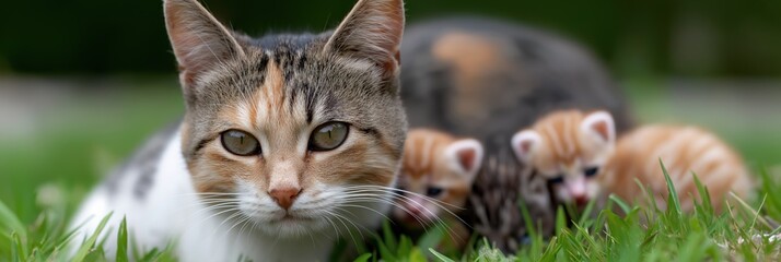 Mother cat and kittens in lush green grass