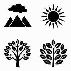Collection of nature icons including mountains sun and trees isolated on white background