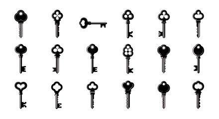 Vintage Ornate Decorative Skeleton Key Shapes Variety Assortment Old Fashioned Access Unlock Security Symbol Silhouettes Collection Icon Set