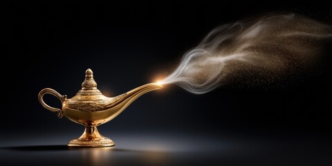 Ancient brass lamp emitting magical smoke on dark background