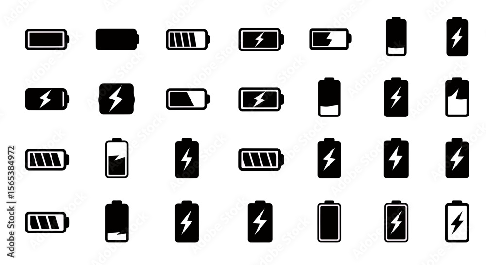 Poster battery charge level indicator flat vector icon set energy status display symbol collection interfac