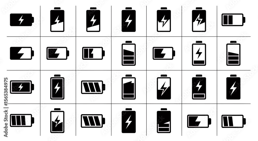 Poster professional black and white battery charging status level indicator full empty icon set vector grap