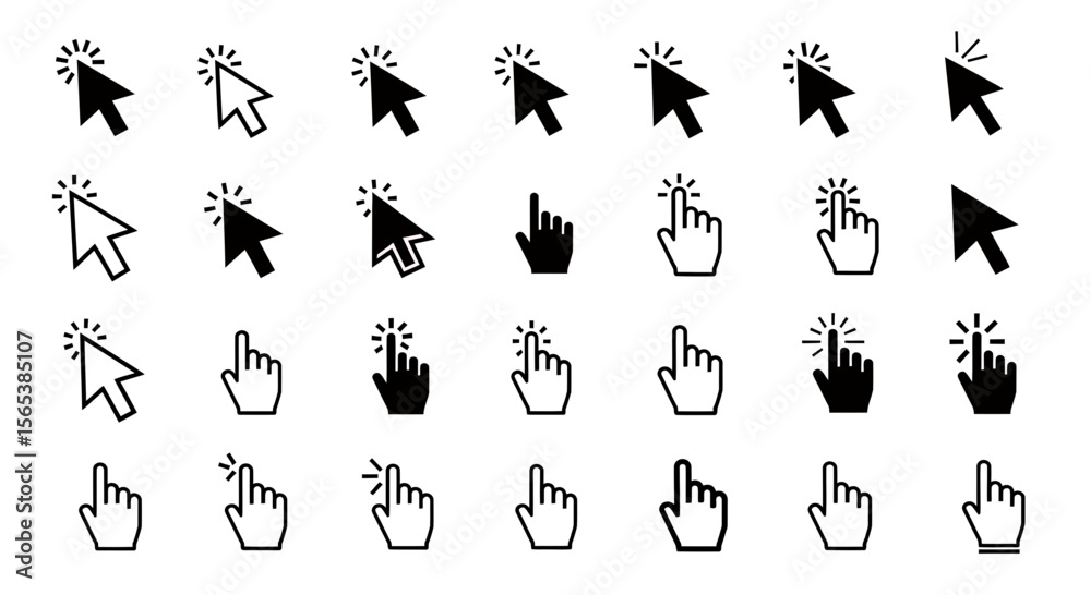 Fototapete Clean modern vector icon set featuring diverse mouse cursor pointer designs and hand clicking selection symbols essential digital interface components for web application ui ux