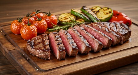 Succulent thick juicy portions of grilled fillet steak served with tomatoes and roast vegetables on an old wooden board