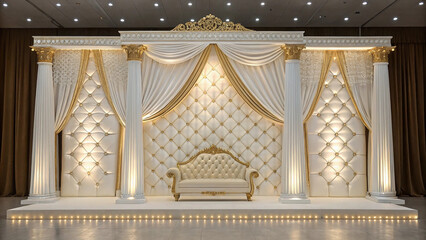 Elegant Gold and White Wedding Stage Backdrop with Royal Sofa