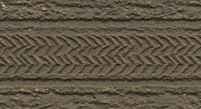 Muddy ground with prominent chevronpatterned tire tracks and smaller parallel ruts