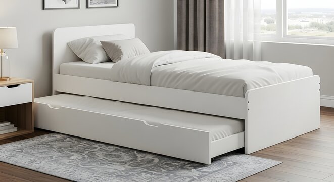 Modern White Bed with Trundle and Bedding, Bedroom Interior Design