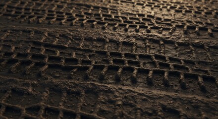 Muddy terrain with distinct tire tracks detailed texture and a shallow depth of field