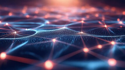 Abstract digital network visualization with glowing red nodes connected by blue lines on a dark background. Illustrates data flow and interconnected systems. - Powered by Adobe