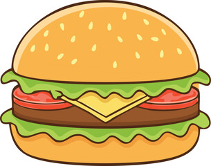 A colorful, cartoon-style illustration of a delicious, fully-dressed hamburger with sesame seeds.