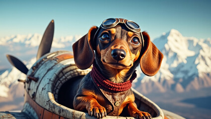 A dachshund in a pilot outfit (goggles, scarf, harness) sits in a small aircraft cockpit, with snowy mountains in the background.