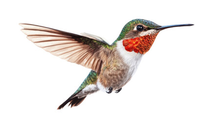 Fototapeta premium Colorful hummingbird in mid-flight with spread wings and vivid plumage isolated on white background 