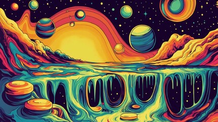 Vibrant, surreal landscape with planets and swirling textures.
