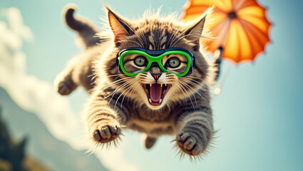 Fototapeta premium A fluffy tabby kitten wearing green goggles flies with an orange umbrella, mouth open, against a bright sky.