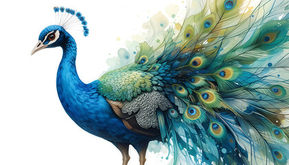 Obraz premium Elegant watercolor peacock displays iridescent plumage in an exquisite design, exhibiting shades of vibrant blue, green, and gold on a white backdrop.