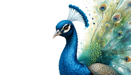 Fototapeta premium Elegant peacock displays vibrant plumage in a watercolor art style, showcasing a mix of blue, green and gold colors against a transparent backdrop.