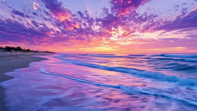 Breathtaking sunset over the tranquil ocean waves illuminating sandy shores with vibrant colors and a peaceful atmosphere