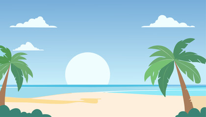 Obraz premium Tropical beach sunset scene with palm trees and a calm ocean. The sun is setting behind the ocean creating a serene atmosphere.