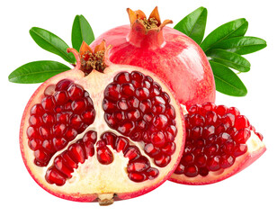 Pomegranate Branch with Half-Opened Fruit Showing Red Seeds, isolated on transparent background