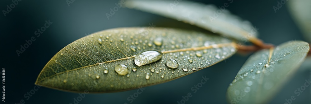 Poster sparkling water droplets resting on a vibrant green leaf create a captivating close up, highlighting