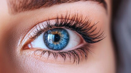 Obraz premium Close-up of a woman's eye with dramatic false eyelashes and light eyeshadow