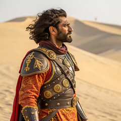 Majestic Desert King:  Powerful, Contemplative Portrait of a Warrior in Ornate Roman-Inspired Armor, Golden Accents, Red Robes.
