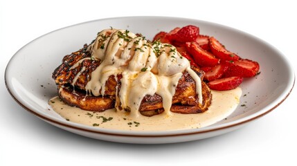 A single, detailed plate of eggs Benedict, on a pure white background, highlighting its creamy hollandaise sauce