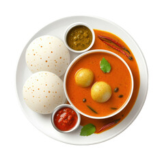 Traditional South Indian Meal with Idli, Sambar, and Chutney on a White Plate on transparent background