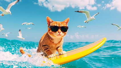 An orange tabby cat wearing sunglasses surfs on a yellow board in the ocean, with seagulls flying around.
