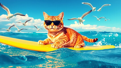 An orange tabby cat wearing sunglasses surfs on a yellow board in the ocean, with seagulls flying around.