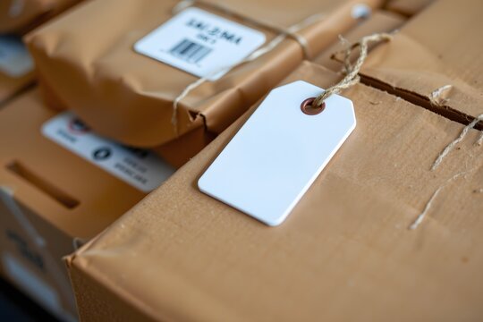 Tagged Parcels: Neatly stacked parcels, each secured with a brown wrapping and a pristine tag, offer a blank canvas for your branding or personal message.