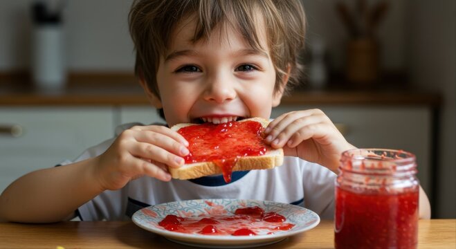 Young boy eating toast with jam while smiling at the kitchen table  