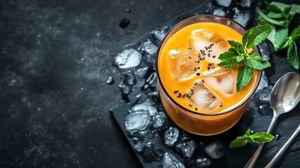 Top view of Thai iced tea with crushed ice, vintage spoon and herbs beside