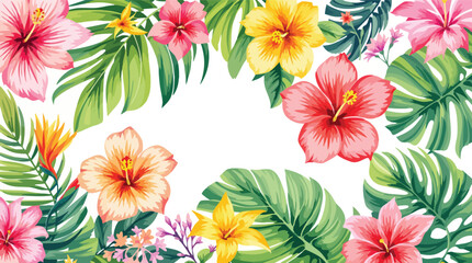 Tropical floral illustration featuring bright hibiscus flowers and lush green palm leaves.