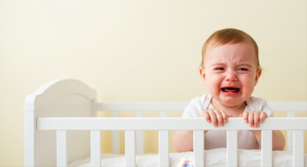 Crying baby standing alone in crib with sad expression against yellow wall  